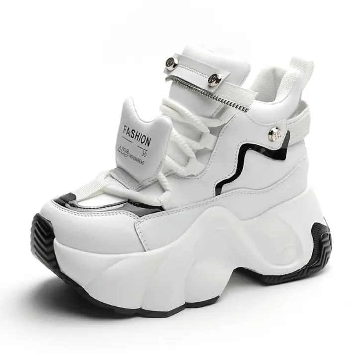 Zapatillas altas de cuero para mujer Zapatos chunky de primavera con cordones - 1