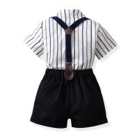 Camisa de algodón de manga corta con cuello a rayas y pajarita para niños, pantalones cortos con tirantes, conjunto de dos piezas de estilo británico, verano 2023 - details 6