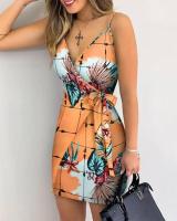 Vestido casual con cuello en V y estampado tropical para mujer, minivestido sin mangas para vacaciones de verano - details 5