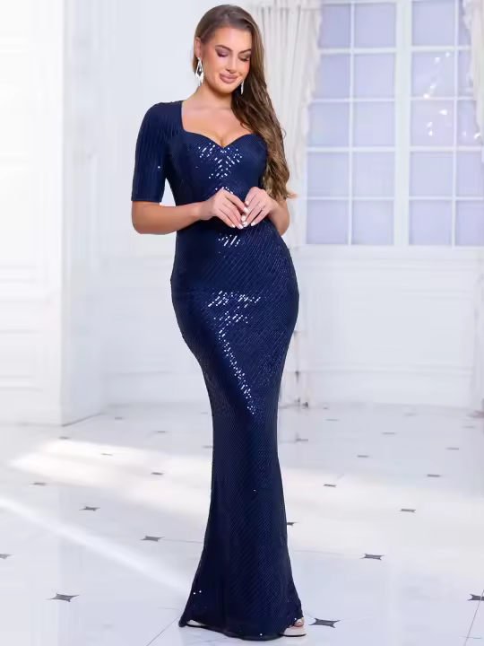 Vestido de fiesta de noche de media manga con corazón y cuello de lentejuelas maxi, vestido de cóctel elástico - 1