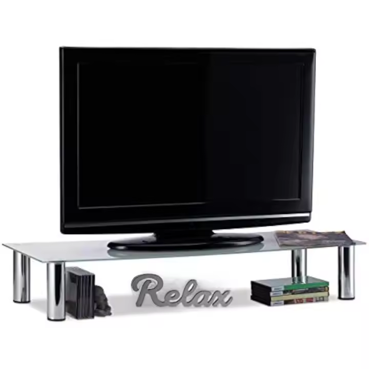 relaxdays Mueble TV de Cristal, Mesa Televisión, Vidrio y Metal, 100 x 35 x 17 cm, Blanco y Plateado - 1