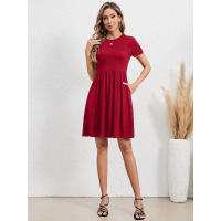 Vestido de manga corta con cuello redondo y cintura elástica para mujer en verano. - details 3
