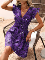 Vestido corto con estampado Floral para mujer, minivestido informal con manga con volantes, color morado - details 5
