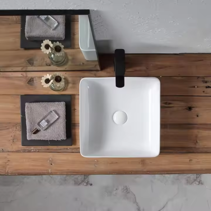Lavabo Blanco de Cerámica - Con Forma Rectangular - Medidas 38 x 38 x 14 cm - Ideal para Poner sobre Encimera de Muebles de Baños y Aseos - 1