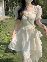 Vestido de manga corta con cuello cuadrado estilo socialité francés para mujer, nueva colección de verano, diseño ceñido y adelgazante en la cintura, - details 6