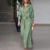 Vestido Verano 2025 Nuevo con Cuello Camisero, Estilo Diosa Fan, Manga Larga y Falda Media Longitudinal - details 12