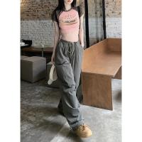 Pantalones de chándal de pierna ancha holgados informales grises, ropa de calle de cintura baja con cordón, pantalones Cargo, pantalones Hippie para correr para mujer - details 3