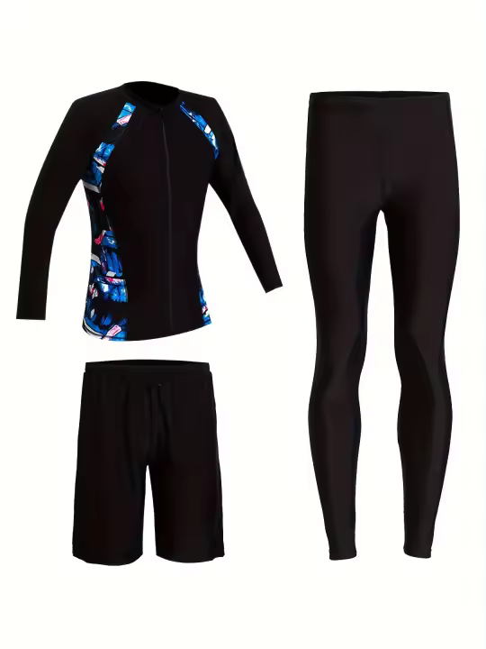 Traje de baño de surf para hombre, top con cremallera de manga larga a prueba de sol con mallas de cuerpo entero y 3 piezas - 1