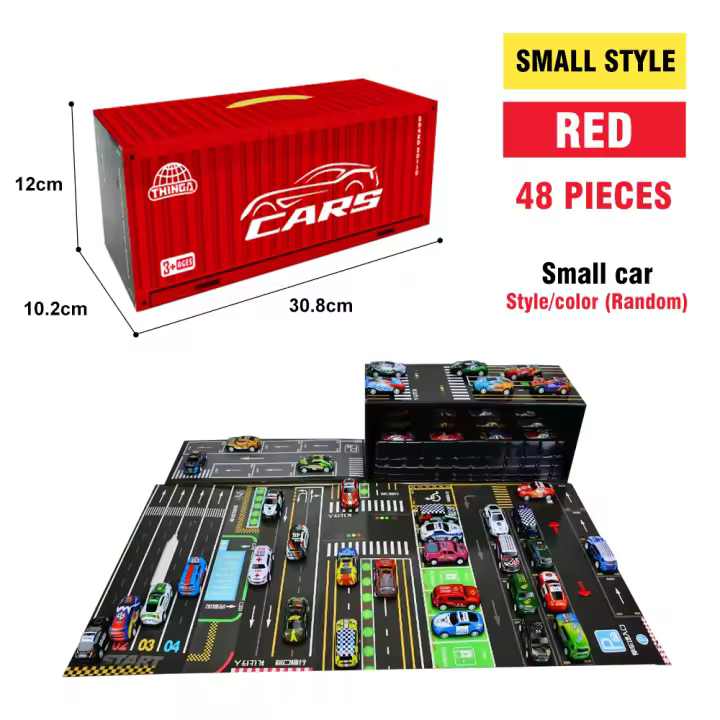 Juego de Mini coches de 48 piezas, coches de inercia para niños, modelo de vehículo de plástico con contenedor, juguete de colección, regalo de cumpleaños para niños - 1