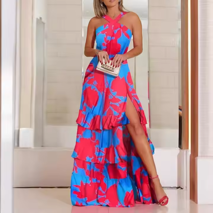 Vestido sin mangas con cuello en V estampado con tirantes de verano 2025 - 1