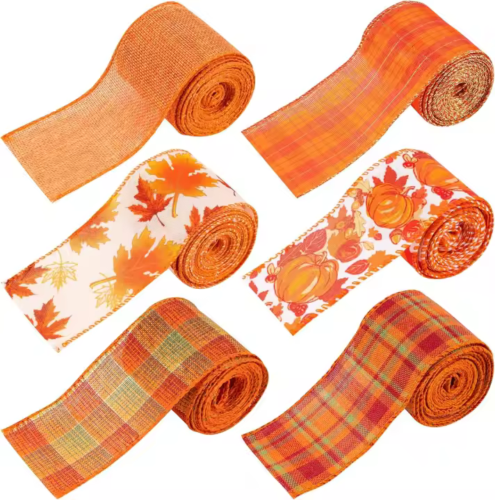 Cinta de Ollas de Otoño 30 Yardas de Tela de Acuñado Naranja con Borde de Alambre - 1