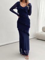 Vestido de malla con cuello en V, elegante y entallado, de manga larga para mujer, otoño invierno - details 15