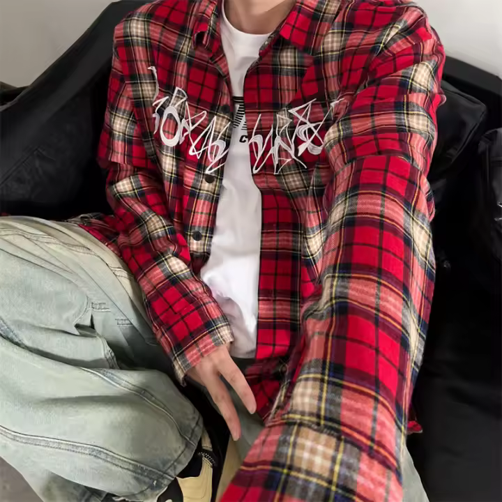 Camisa a Cuadros Delgada de Primavera-Otoño Moda Casual Retro Americano para Hombres - 1