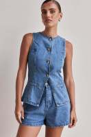 2025 primavera y verano nueva estación independiente de Amazon moda europea y americana cintura sin mangas cintura alta pantalones cortos sueltos conjunto de mezclilla - details 14