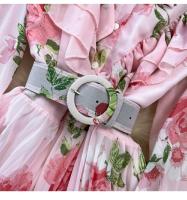 Elegante vestido midi de manga larga con corte en A y falda plisada, cintura ceñida, dobladillo de gasa, estampado floral coreano Sle Commute - details 10