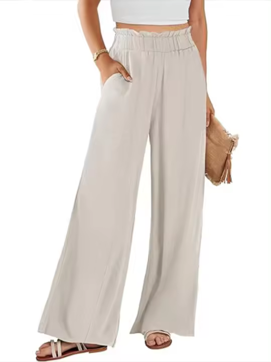 Pantalones sueltos de cintura alta para mujer, bolsillo de pierna recta, lino de playa, tres estilos de moda coreana - 1