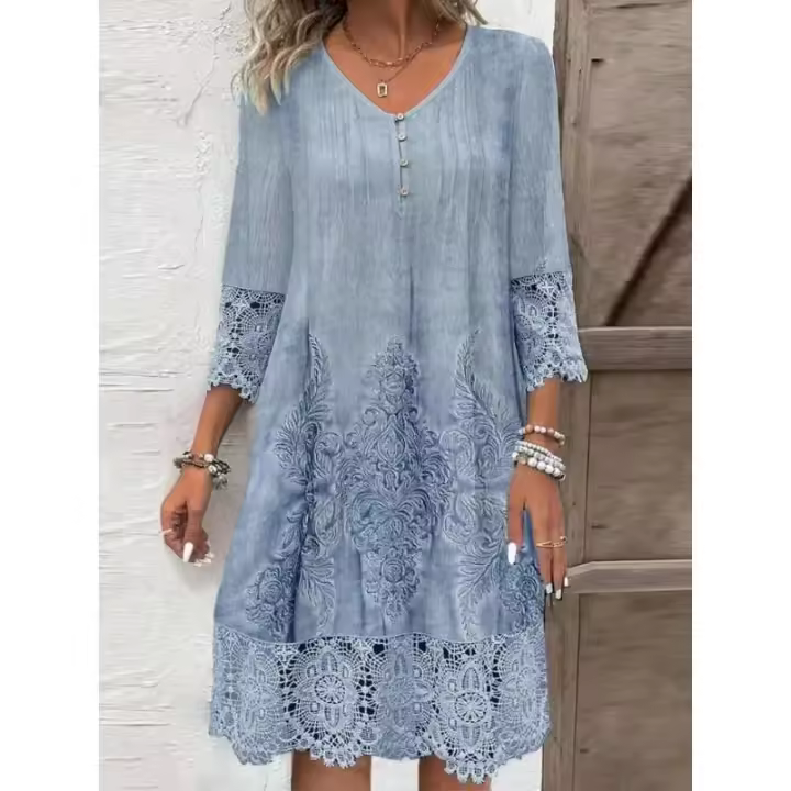 Nuevo vestido hasta la rodilla de cinco mangas informal estampado a la moda con agujeros de Color sólido para primavera y verano para mujer - 1