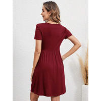 Vestido de manga corta con cuello redondo y cintura elástica para mujer en verano. - details 7