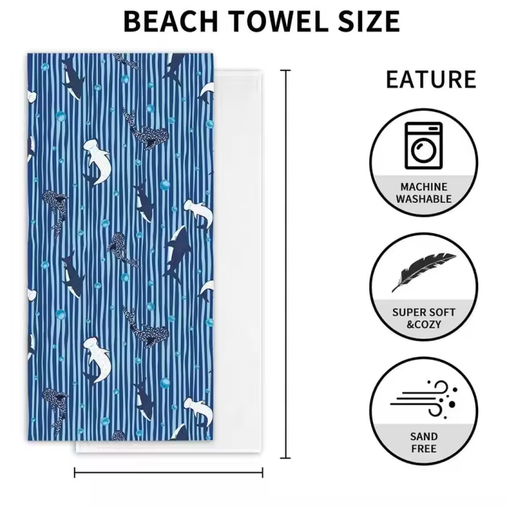 Toalla de playa con patrón de tiburón a rayas blancas y azules, absorbente de microfibra, secado rápido, suave, para natación, Resort, toalla de escalada de montaña - 1