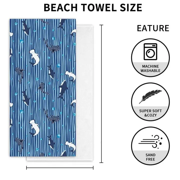 Toalla de playa con patrón de tiburón a rayas blancas y azules, absorbente de microfibra, secado rápido, suave, para natación, Resort, toalla de escalada de montaña - 1