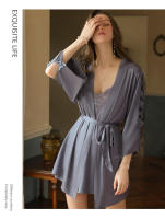 Grandeur Plus Size Sexy Color sólido Encaje Bordado Bata Cardigan Vestido de corte bajo Conjunto de ropa de descanso - details 15