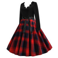 Women plaid print long sleeve vintage a line party dress v neck - details 20