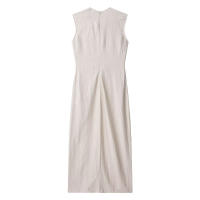 TRAFZA-vestido Midi elegante de mezcla de lino para mujer, vestido Vintage sin mangas con cuello redondo y cinturón con abertura, Color sólido, verano - details 2