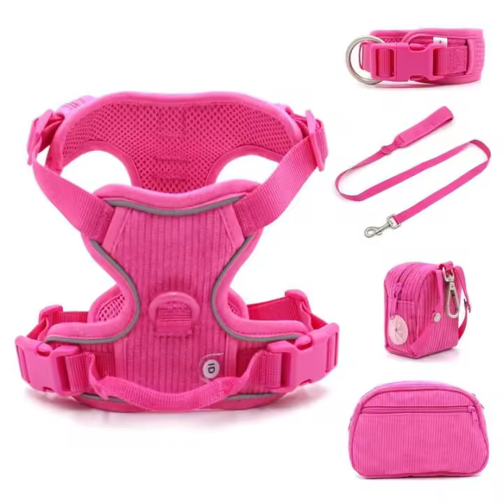 Collares personalizados mascotas Collar rosa suave perros con nombre, arnés reflectante sin tirar perros, correa, juego de - 1