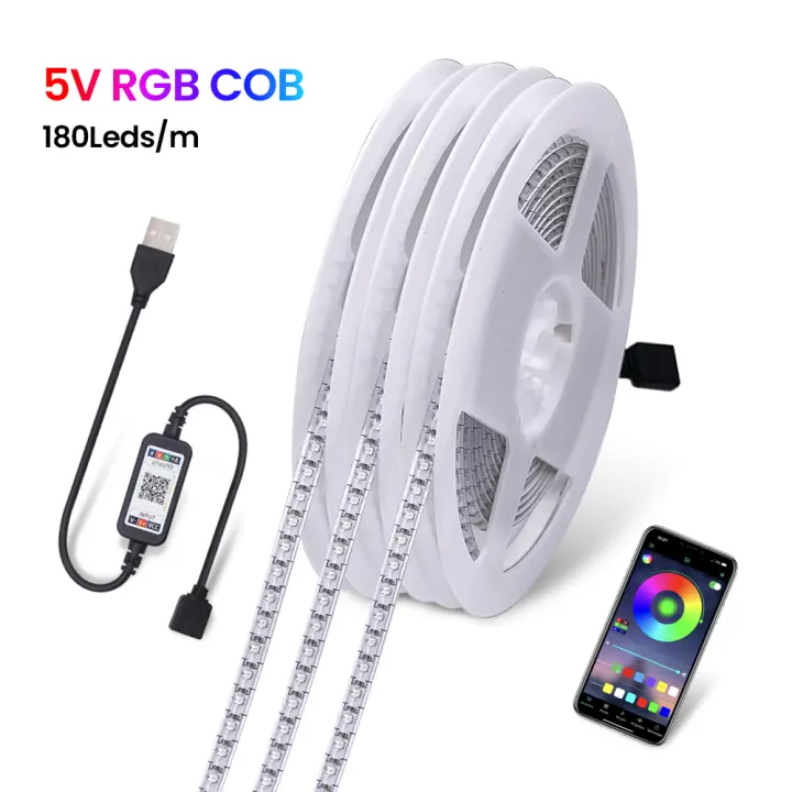 Tira de Luces LED RGB, cinta de diodo Flexible, DC5V, COB, USB, Bluetooth, Control por aplicación, 180LED/m, 5MM, PCB, retroiluminación de TV - 1