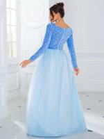 Elegante Vestido de Terciopelo con Lentejuelas Cuello en V, Manga Larga, Red de Cetín, Azul Cielo y Rosa, Perfecto para Fiestas - details 9