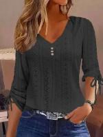 Blusa de manga larga para mujer, camisas casuales con botones y cuello en V, blusas elegantes con hebilla para mujer 2024 - details 6