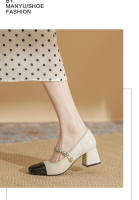 Zapatos Mary Jane de tacón alto de 5 cm, color negro y blanco a juego, punta cuadrada, de cuero francés. - details 6