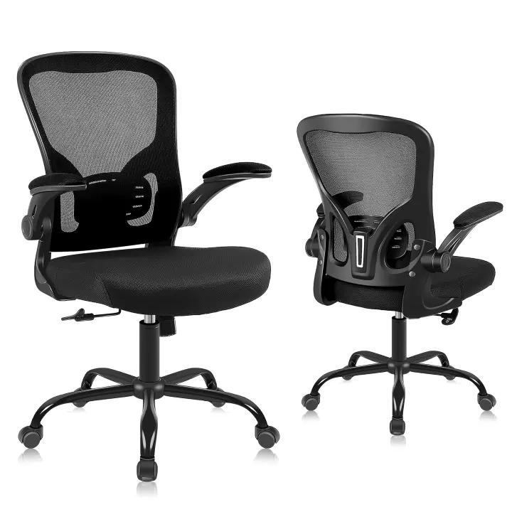 Silla Oficina, Silla Escritorio con Reposabrazos Abatibles, Sillas Oficina con Soporte Lumbar, Silla Ergonómica Escritorio de Malla Transpirable, Negra - 1