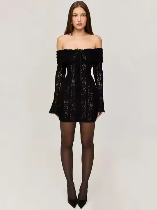 Mingmingxi Vestido de noche largo con manga acampanada para mujer, color negro, largo, para invitados de boda - 1