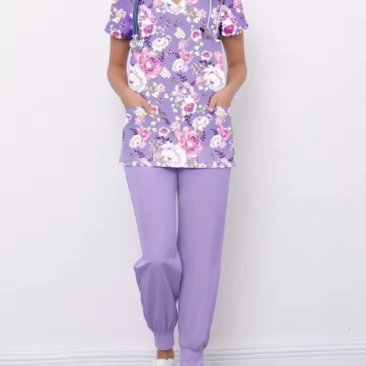 Conjunto De Dos Piezas De Uniforme Con Estampado Floral, Blusa Médica Funcional Con Cuello En V Y Pantalones De Uniforme - 1