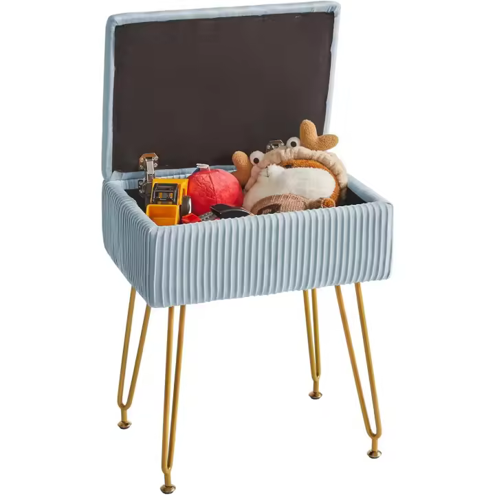 Taburete de Terciopel, Taburete de Almacenamiento, Taburete de Maquillaje, Soporte de Metal, Bancos de Tocador, Otomanas, para Salón Dormitorio 40×29.5×48CM Gris Azul - 1