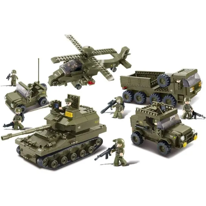 Juguete de Bloques Sluban Helicóptero de Ejército, Tanque de Batalla Principal T90, Porta Personal de Ejército, Jeep de Ejército, Coche de Ruedas Juego Único - 1