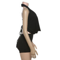 Conjunto corto ajustado de verano, nuevo, a la moda, de color sólido, sin tirantes, con cuello halter y lazo para mujer - details 8