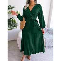 Vestido largo plisado con dobladillo grande para mujer, vestido cruzado de Color liso con cuello en V, moda de primavera y verano - details 14