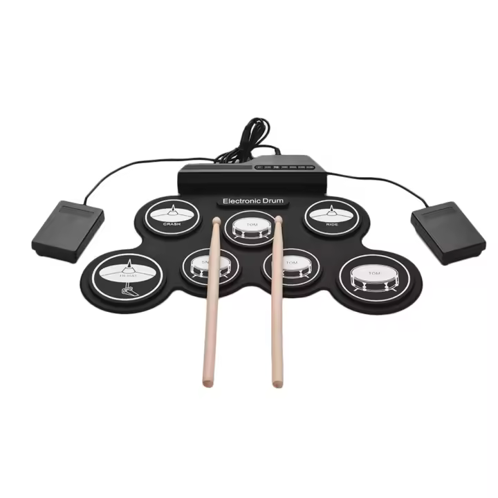 Juego de tambor eléctrico de 7 almohadillas, Kit de tambor enrollable portátil con pedales de tambor, palos de tambor, regalo para niños y adultos - 1