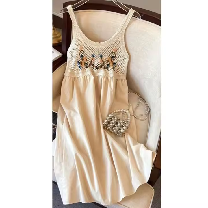 Jyccr Bohemian ral bordado corto sin mangas para mujer verano dulce crochet correa de espagueti vestido de vacaciones - 1