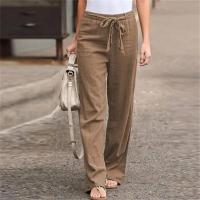 Pantalones de mujer Pantalones casuales con cordones de algodón y lino Pantalones de pierna con banda elástica Pantalones rectos de mujer - details 10