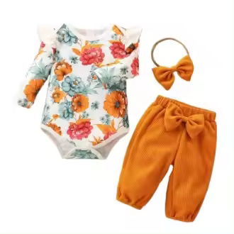 Conjunto de 2 piezas de verano para niñas con estampado floral de manga larga para traje casual - 1