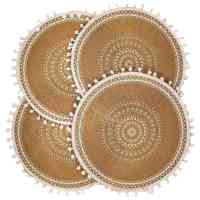 Round Placemats Set of 4,Boho Woven Jute Table Mats with Pompom Tassel for Dining Room Kitchen Table Decor(White Ball) - details 0