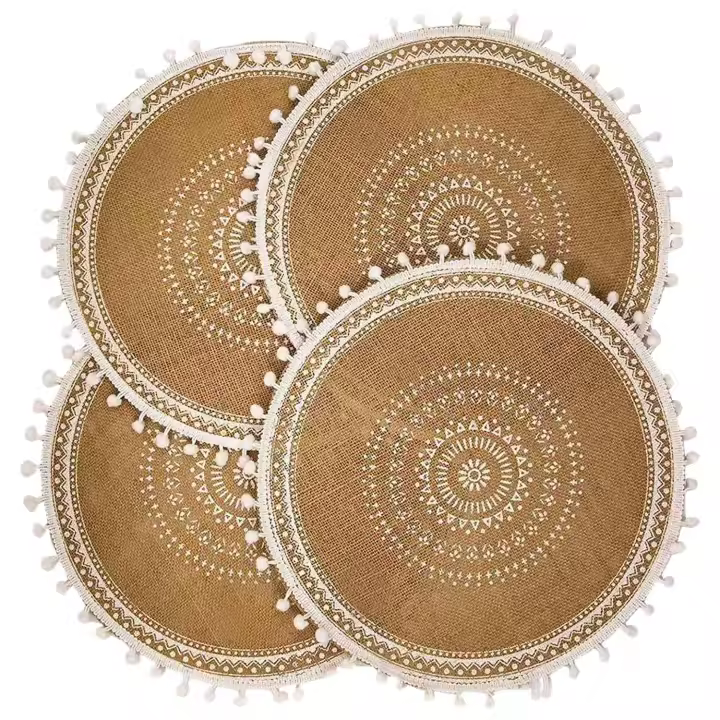 Round Placemats Set of 4,Boho Woven Jute Table Mats with Pompom Tassel for Dining Room Kitchen Table Decor(White Ball) - 1