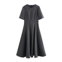 BUNO-vestido Midi a la moda para mujer, cuello redondo, manga corta, cremallera, vestido ajustado para ir al trabajo, vestido plisado informal versátil Vintage para mujer - details 2