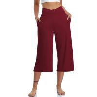 2024 primavera y verano mujeres elástico cintura alta 3/4 pantalón sólido Casual ajuste activo pantalones de pierna Capris anchos pantalones con bolsillos - details 12