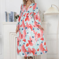 "Vestido Largo Bohemio Mujer 2025- Escote V Estampado Floral, Talle Alto, Mangas Largas, Moda Verano Boho Chic, Vestidos Hippies Elegantes para Festivales, Playa o Diario |   Envío Rápido Miravia" - details 6