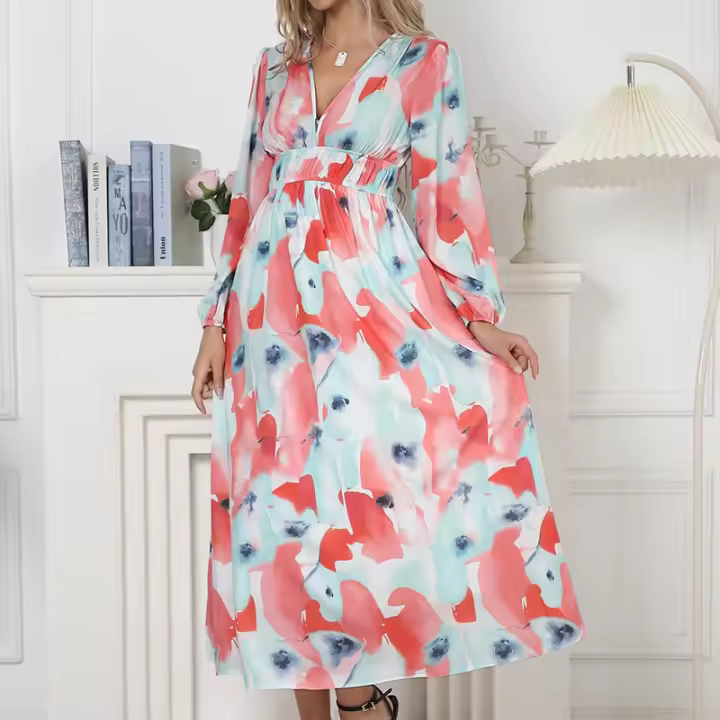 "Vestido Largo Bohemio Mujer 2025- Escote V Estampado Floral, Talle Alto, Mangas Largas, Moda Verano Boho Chic, Vestidos Hippies Elegantes para Festivales, Playa o Diario |   Envío Rápido Miravia" - 1