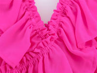 OUWU- Camisa elegante de gasa rosa fuerte para mujer 2025, blusas cortas elásticas con cuello en V y dobladillo con volantes en cascada - details 4